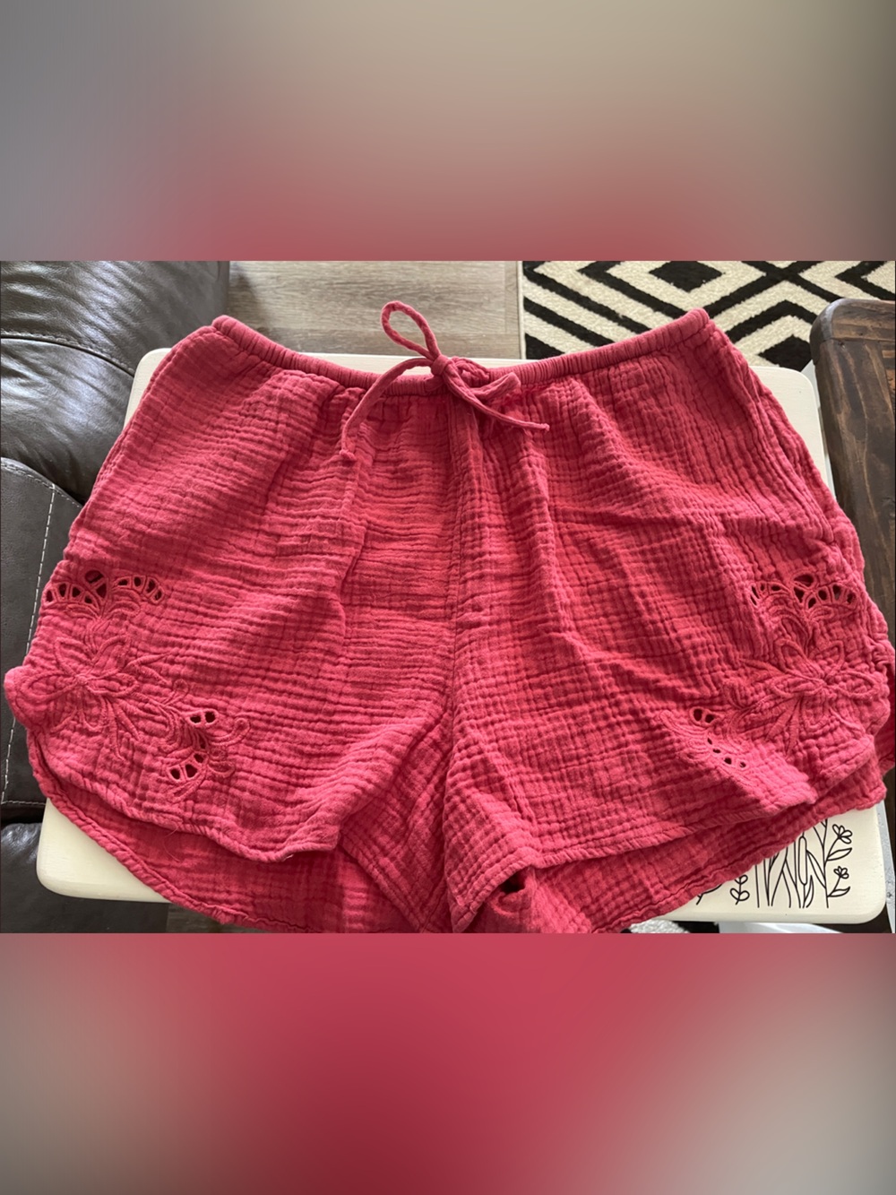 Universal Thread Pink Drawstring Gauze Shorts with Eyelet Floral Detail (0062)